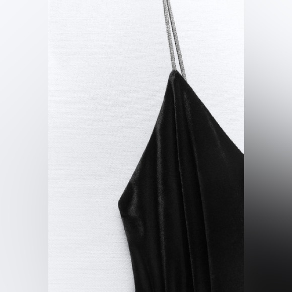 ZARA ~ BLACK VELVET RUCHED GATHERED BODYCON MIDI DRESS WITH RHINESTONE STRAPS - Picture 7 of 11